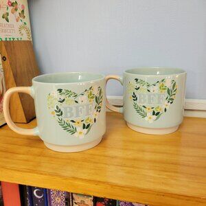 Fringe Seagreen White Floral Heart BFF Stoneware Mug Set